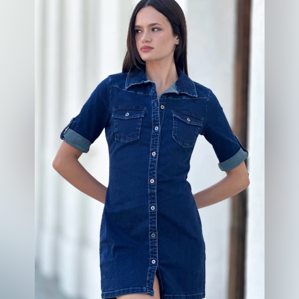 The Wash Lab Dark Denim Button Down Mini Dress Size Medium